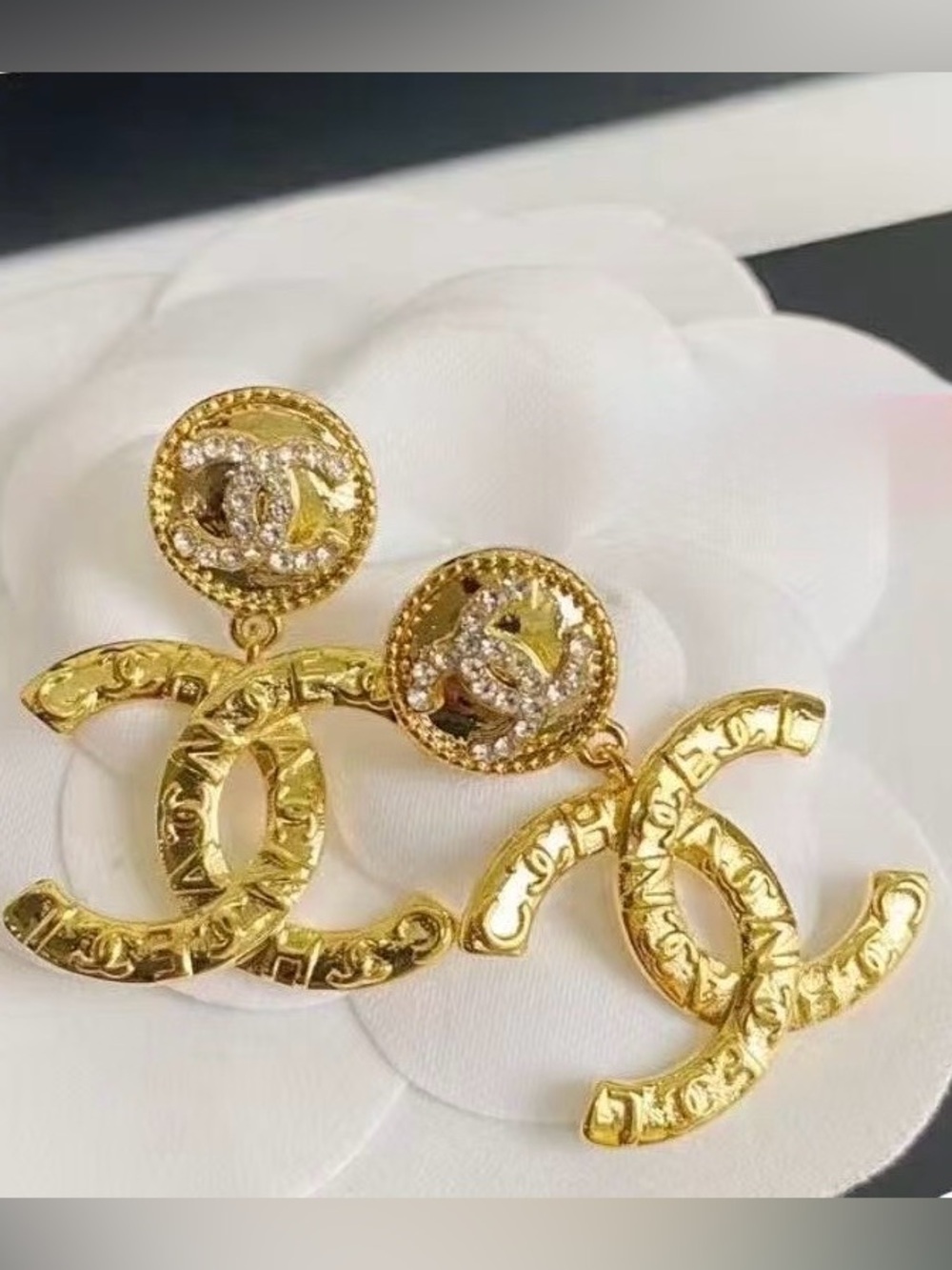 AUTH. CHANEL Gold CC Drop Earrings with Crystal Accents - Gold